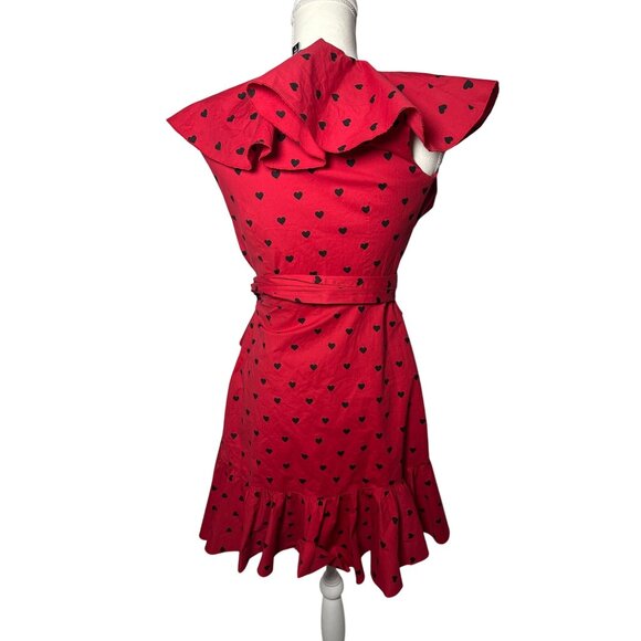 TARA SUBKOFF for Bebe Red Heart Print Ruffle Wrap Dress Size Small - Picture 2 of 7